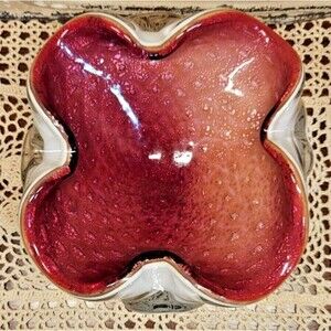 MCM Murano Style Art Glass Reds & Pinks w/ White Outside Ruffle Design